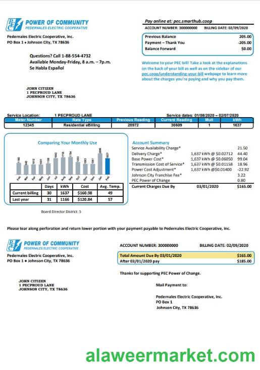 USA Texas Power of Community electricity utility bill in Word and PDF format, good for address prove